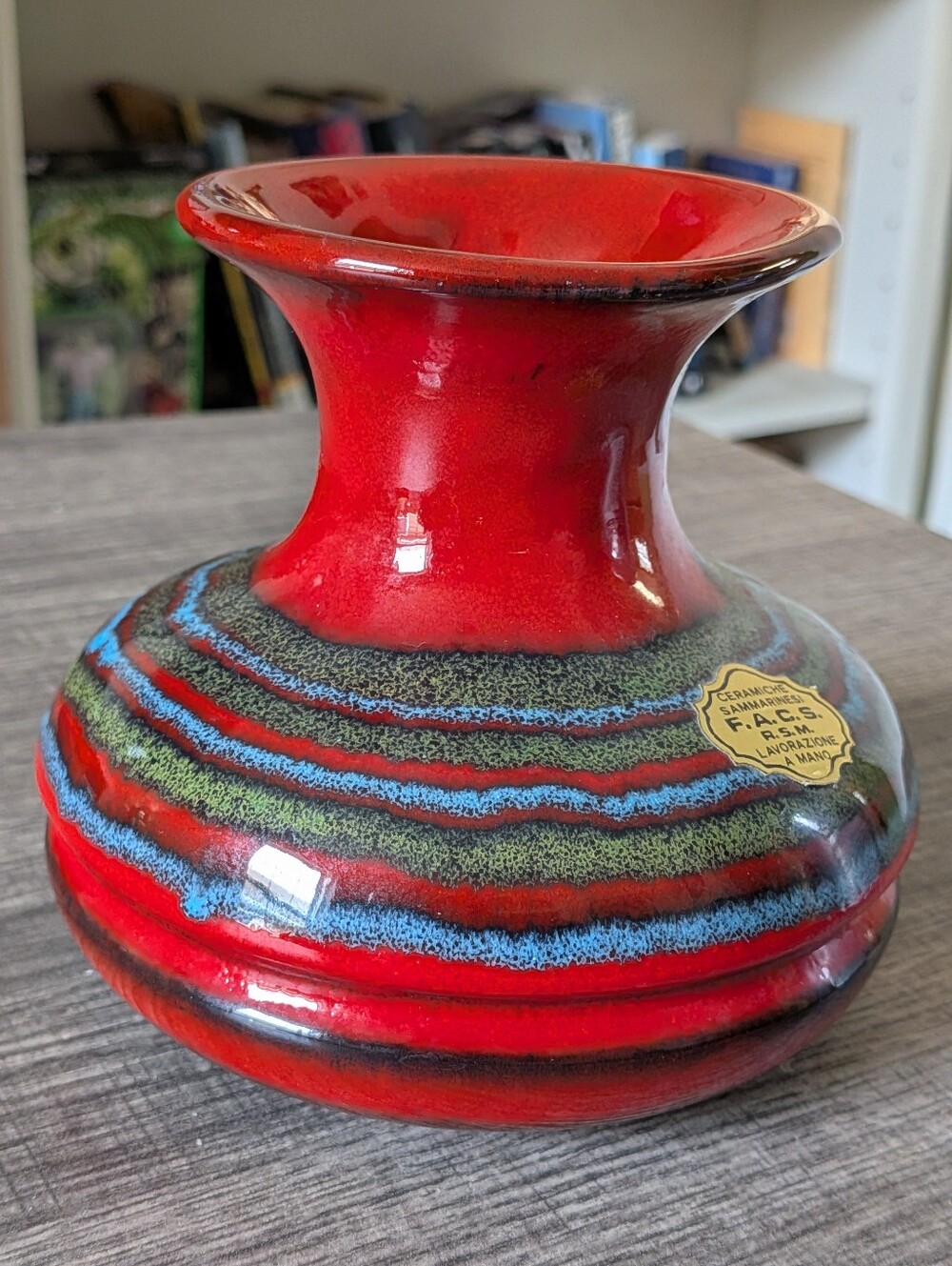 Vintage 60's/70's Red Striped Ceramic Accent Vase